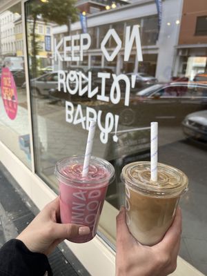 Iced Red Superfruit Latte & Iced Latte (Oatmilk)  at Cinnamood in Mannheim