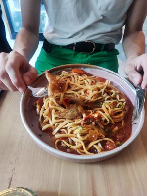 Summer special tomato pasta with chicken at Pastan Brighton in Brighton