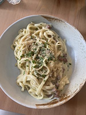 Carbonara with cashew parm  at Pastan Brighton in Brighton