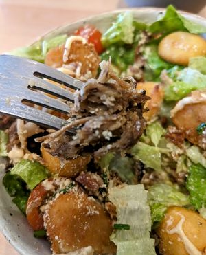 Closeup of a shiitake mushroom in the Shiitake mushroom Caesar - the best salad I ever ate at Pastan Brighton in Brighton