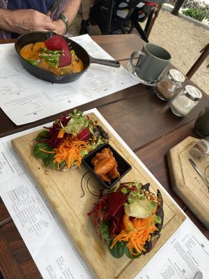 avo toast with vegan chorizo and portobello mushrooms and suizas with vegan chorizo and awesome sauce!   at Restaurante Pachamama in San Luis Potosi