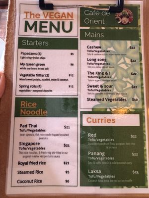 Separate vegan menu 👌🏽  at Cafe de Orient in Palmwoods