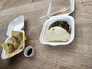 Vegan gyozas and aubergine bao  at Yum Bun - Food Stall in East London