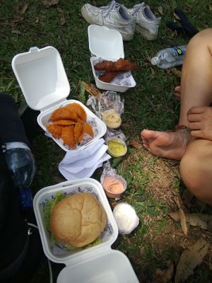 Burger, empanaditas, fried eggplants at Goyo Food in Medellin