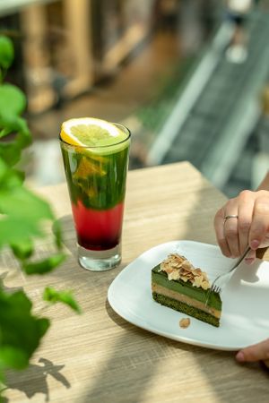 Salty almond vegan cake and Sakura matcha lemonade  at Matcha Tsuki in Budapest