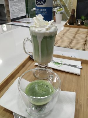 matcha shot and matcha hot white chocolate at Matcha Tsuki in Budapest