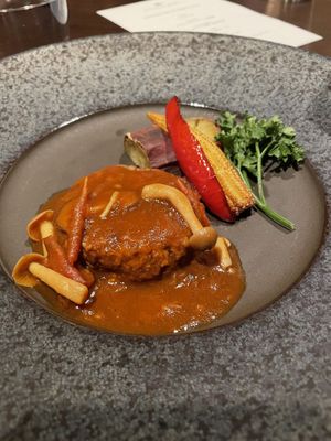 Hamburger steak and roasted veggies  at Kitchen Mane in Yokohama