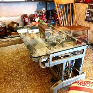 repurpose old machines as tables at PP Coffee - 피피커피 in Seoul