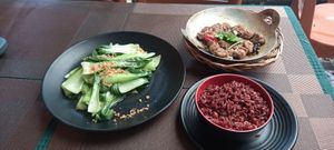 Braised vegan 'beef' with black pepper, brown rice, fried bok choy & garlic. at Tiệm chay Veggie Saigon - Vegan Kitchen in Ho Chi Minh City