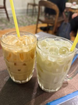 Vegan milk tea (30.000 VND), Homemade soy milk (20.000 VND)  at Tiệm chay Veggie Saigon - Vegan Kitchen in Ho Chi Minh City