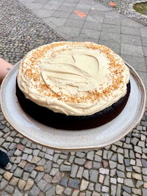 Chocolate cake with tahina frosting at HAPPA Restaurant in Berlin