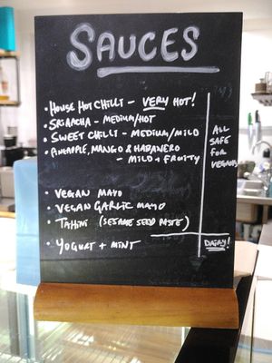 Sauces, some homemade. at Falafia in Beverley