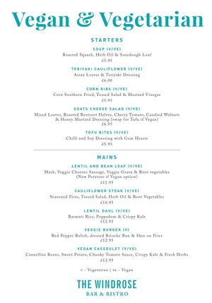 Vegetarian and Vegan Menu at The Windrose at The Windrose Bar and Restaurant in Carrickfergus