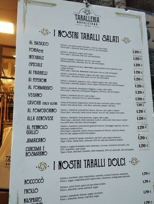 Menu at Taralleria Napoletana in Naples