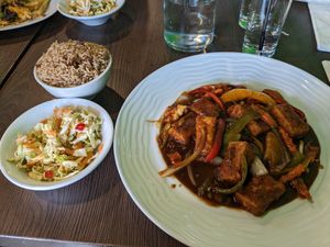 Jerk tofu, rice and peas, slaw at House of Dutch Pot in Las Vegas
