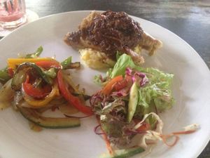 veg sausage and mash with side of ratatouille and salad at Snap Cafe in Ho Chi Minh City
