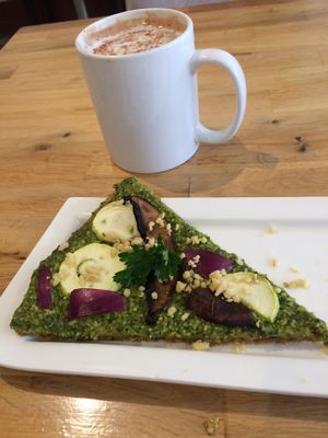 Pesto pizza of the day & hot chocolate  at Rawlicious in Markham