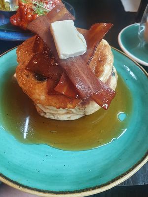 Vegan pancakes with vegan bacon at Bill's in Manchester