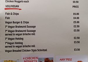 Vegan menu at Elland Fish & Chips in Elland