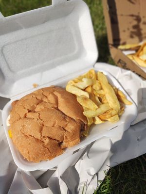 Hot dog and chips at Elland Fish & Chips in Elland