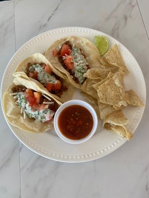 Cilantro vegan beef taco with salsa and sea salt tortillas….coming soon!!  at Lily's Herbs & More in Indialantic