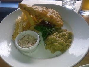Vegan vish and chips at Sky Apple Cafe in Newcastle Upon Tyne