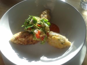 Sweetcorn fritters at Sky Apple Cafe in Newcastle Upon Tyne