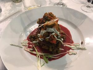 Vegan and gluten free Indian Patra stack from winter menu  at Sky Apple Cafe in Newcastle Upon Tyne