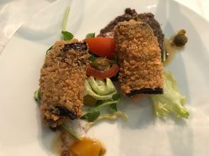 Aubergine in breadcrumbs around basil soy ‘ricotta’  at Sky Apple Cafe in Newcastle Upon Tyne