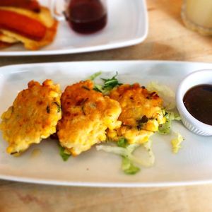 Sweetcorn fritters at Sky Apple Cafe in Newcastle Upon Tyne