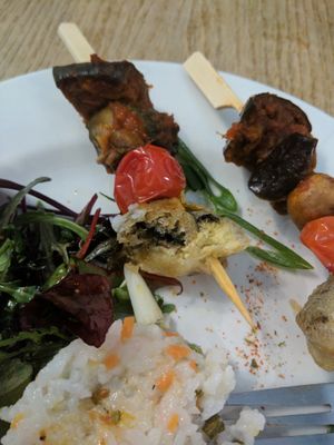 Japanese Style Kebabs [£5.20] (Vegan) – Aubergine, button mushroom, courgette baked in a Japanese style BBQ sauce, skewered with battered Tofu Vish & Cherry Tomato on chirashi r at Sky Apple Cafe in Newcastle Upon Tyne