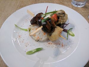 Japanese Style Kebabs [£5.20] (Vegan) – Aubergine, button mushroom, courgette baked in a Japanese style BBQ sauce, skewered with battered Tofu Vish & Cherry Tomato on chirashi r at Sky Apple Cafe in Newcastle Upon Tyne