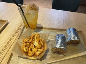 Chili con carne burrito with half fries and drink set, drink is craft ginger ale with candied ginger on top  at Dosco Coffee ドスココーヒー in Hiroshima
