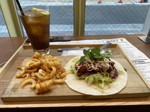 Chilli con carne taco (vegan) with craft cola and potato set  #Veganuary at Dosco Coffee ドスココーヒー in Hiroshima
