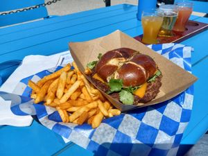Holy Grail burger made vegan, seasoned fries at Stone Hound Brewing Company in Williamsburg