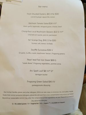 Bar menu at Arc in Wanaka