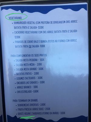 Vegetarian menu at Forno do Avô in Bombarral