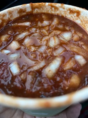 Vegan and gluten-free chili with onions  at Joe's Burgers in Beaverton