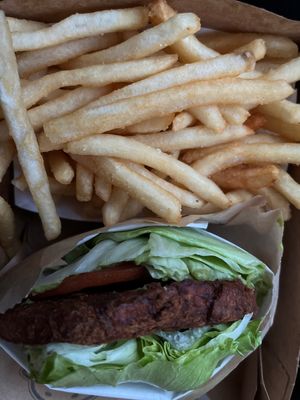 Veggie bean, burger, and fries without a bun and added guacamole    at Joe's Burgers in Beaverton