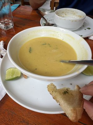 Pumpkin soup with garlic breadd  at The Jackfruit Vegan Cafe in Dikwella