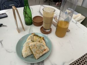 Chickpea quesadilla, Pa’Pa’passion and butterlicious (in my own container) smoothie   at La Isla in San Juan