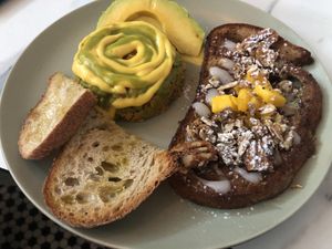 chickpea scramble, avocado toast, and vegan French toast  at La Isla in San Juan