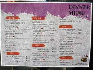 Bangkok Thai dinner menu 2 of 2 (June 2023).   at Bangkok Thai City Street Food in Hobart