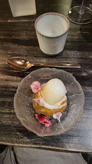 Cake and ice cream with vegan gel-detail 🌸  at Shelter in Helsinki