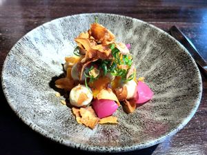 Vegan starter #2 (pumpkin and fried onions) at Shelter in Helsinki