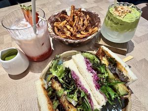 Eggplant Katsu Sando, Gobo Chips, Coconut Matcha & Kyoto Matcha Berry on Soy Milkk  at Tento in Surry Hills