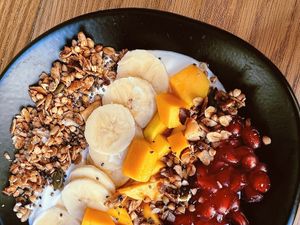 Home-made vegan granola, high in protein, made with palm honey at La Escala in Tenerife