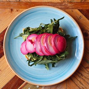 The Cloclo: A soy-marinated hardboiled egg with watercress and aioli
 at La Escala in Tenerife