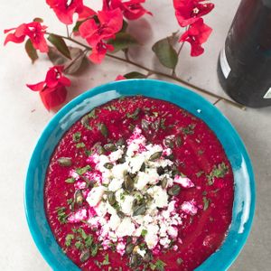 Beetroot salmorejo: A cool soup of beetroot roasted with fresh tomatoes, red peppers, olive oil, and garlic at La Escala in Tenerife
