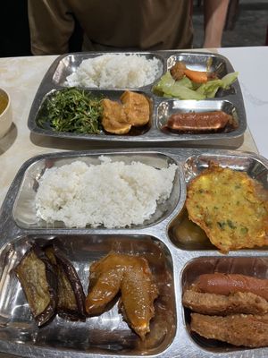 Our meals variety of vegetables and fake meatt  at Tam Quang Minh   in Hoi An